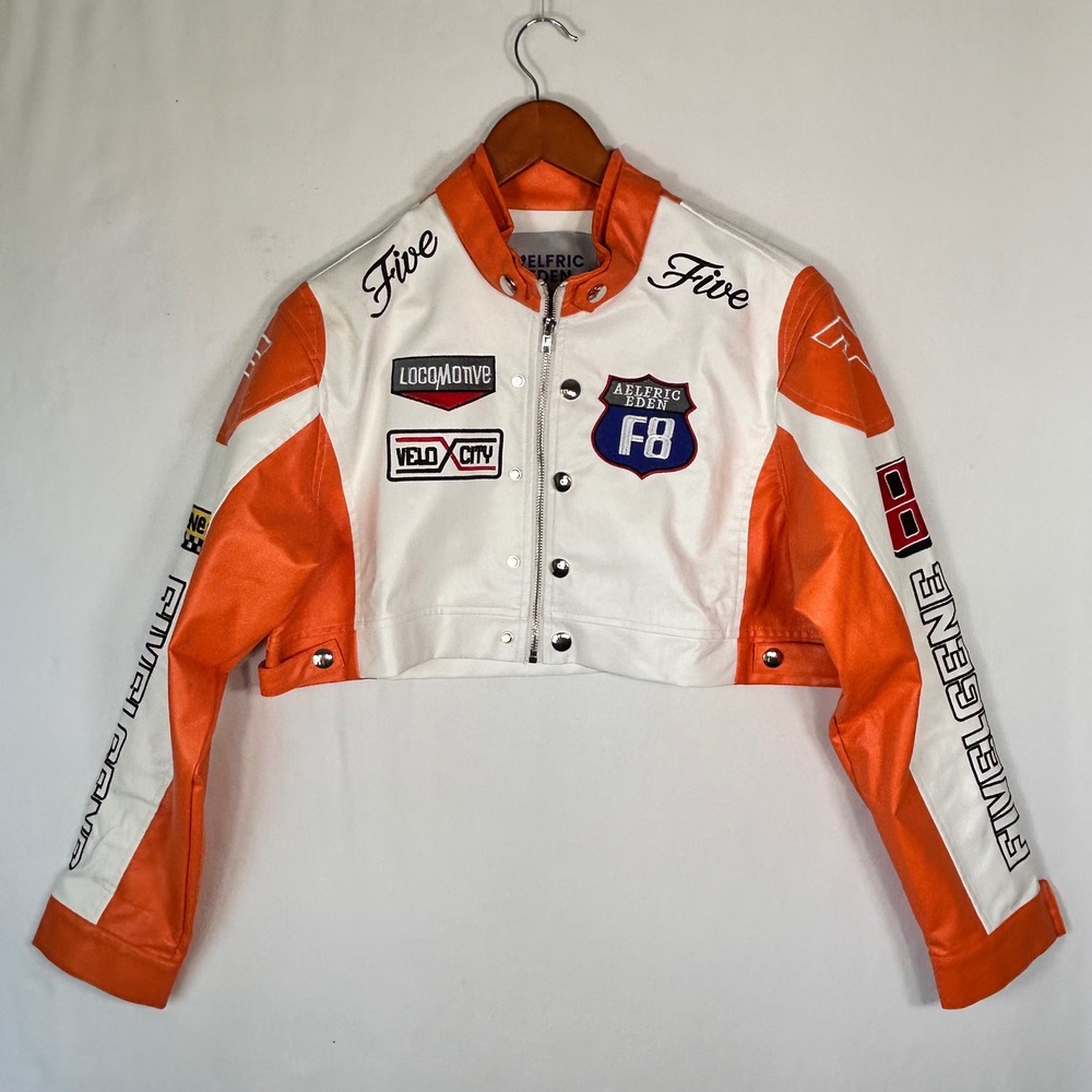 Aelfric Eden Womens Cropped Racing Jacket Orange White Faux Leather Moto XS